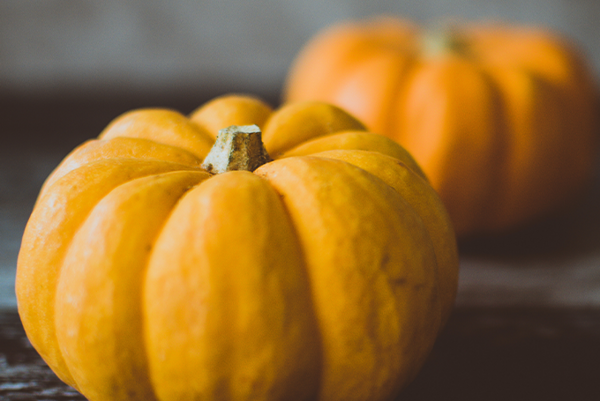 Close-up of two small orange pumpkins, one in sharp focus in the foreground and the other blurred in the background.